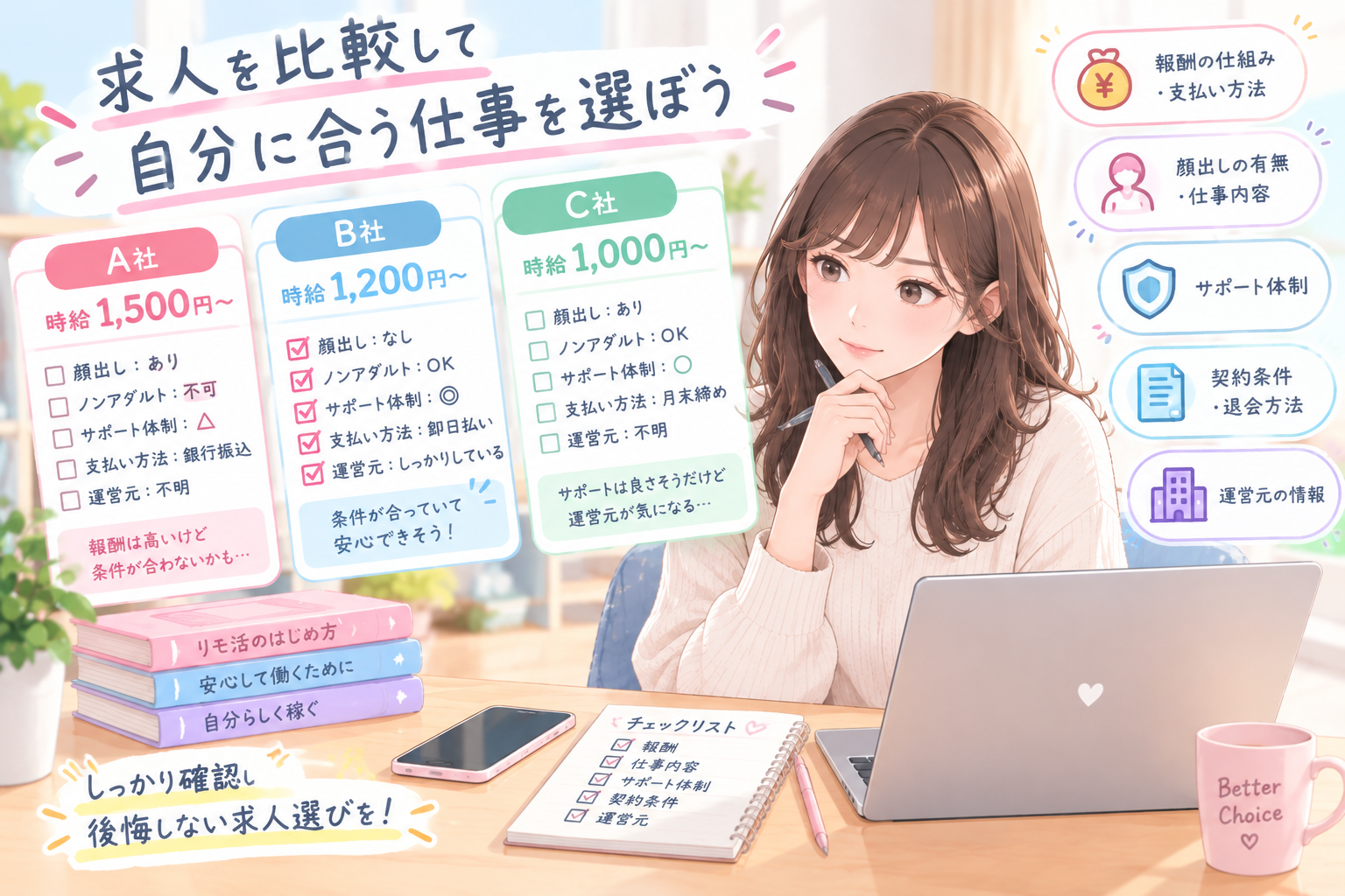 リモ活の求人やサポート内容を比較するイメージ
